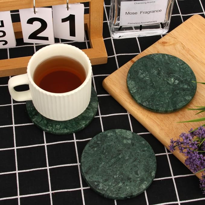 Natural Marble Coasters Set of 4, 4 inch Round, Silicone Anti-Slip Pads - Image 8