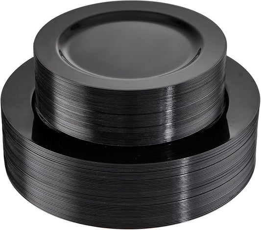 FLOWERCAT 100PCS Black Plastic Plates - Heavy Duty Black Disposable Plates for Birthday Party/Wedding/Father's Day- serve 50guests 10 inch and 7 inch Set