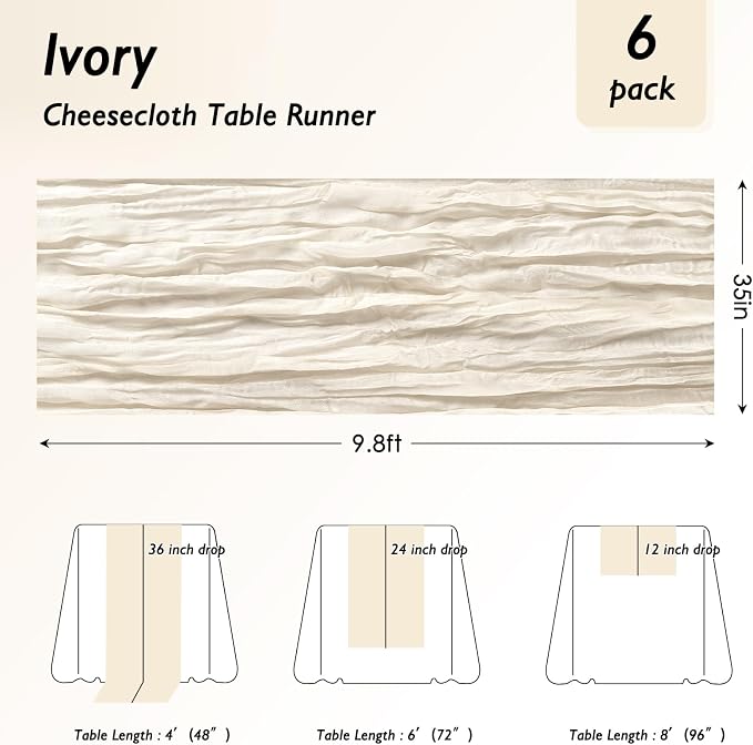 6 Pack Ivory White Cheesecloth Table Runner 120 Inch Boho Wedding Decor | - Image 2