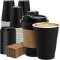 100 Pack 12 oz Disposable Coffee Cups with Lids and Sleeves, Sturdy Paper Cups for Hot/Cold Drinks, Leak-Proof To Go Coffee Cups with Lids for Home, Café, Events, Office, Black