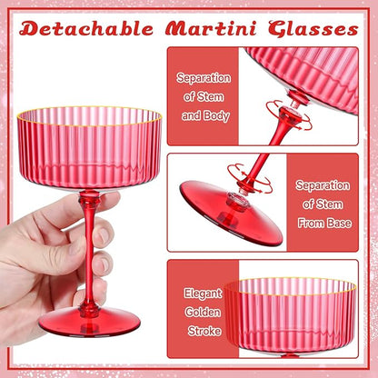 24 PCS Plastic Ribbed Martini Glasses 10 oz Detachable Gold Rim Red Ribbed Coupe Glasses Vintage Christmas Martini Cocktail Glass for Bar,Margarita,Gin,Tequila, Desserts and Snacks