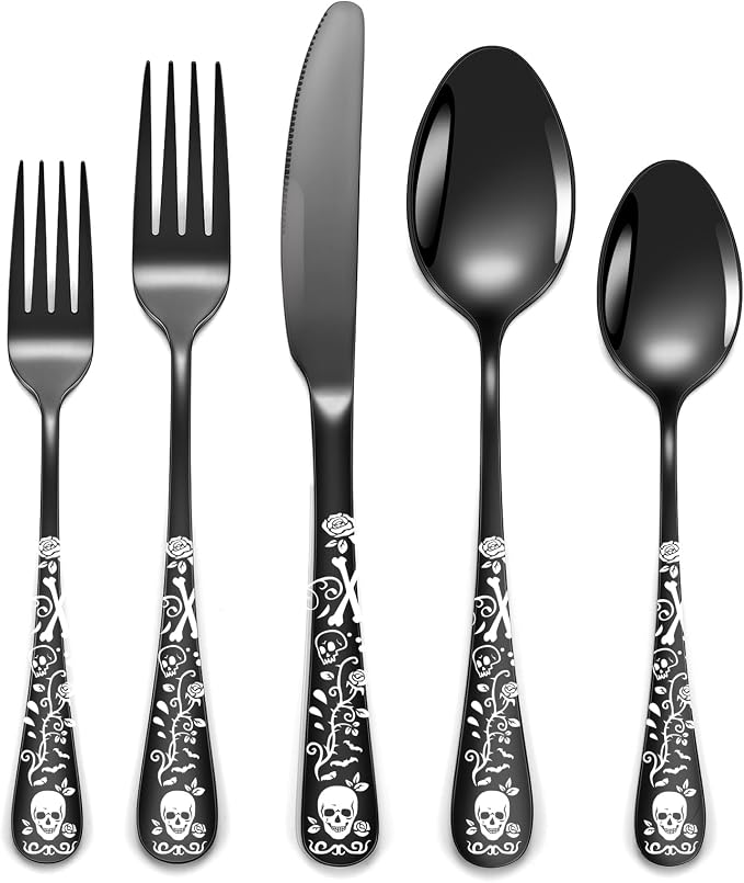 20-Piece Black Skull Silverware Set by Unknown