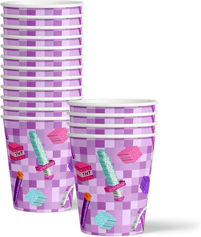 Girl Pixel Mining Birthday Party Supplies Set Plates Napkins Cups Tableware Kit - Image 3