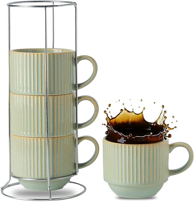 HASENSE Coffee Mugs with Metal Stand, Ceramic 15 Oz Stackable Coffee Cups Set by Hasense