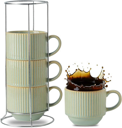 HASENSE Coffee Mugs with Metal Stand, Ceramic 15 Oz Stackable Coffee Cups Set by Hasense