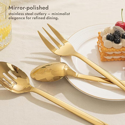 KINGSTONE Large Hostess Gold Serving Utensils Set, Heavy Duty 18/10 Stainless Steel - 10 inch Serving Spoons, Slotted Spoons, Forks, Tongs, Cake Pie Server for Buffet, Wedding, Party