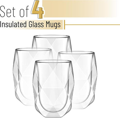 BTaT- Double Walled Glasses, 4 Pack, 12 oz, Insulated Diamond Shaped Glass Cups - Image 2