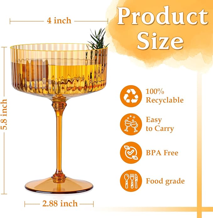 24 PCS Ribbed Coupe Glasses Amber Plastic Champagne Coupe Cup 10oz Detachable Gold Rim Espresso Martini Glass Vintage Margarita Glassware Cocktail Glass Disposable for Thanksgiving Wedding