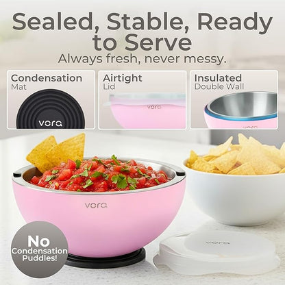 Vora 35oz Dip Chiller Bowl with Lid | 1 Pack Pink Stainless Steel Chilled Serving Bowl Keep Dips, Salads, and Appetizers Perfectly Cold with Leak-Resistant Ice Bowl for Effortless Hosting