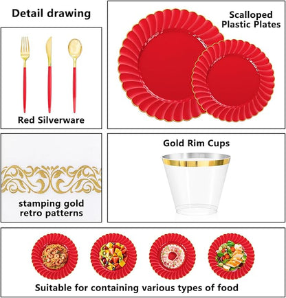 Ciaell 175 PCS Red Scalloped Plastic Plates with Gold Trim - Red Plastic Silverware with Handle - Fancy High-End Dinnerware Sets for Wedding & Valentine's Day & Party