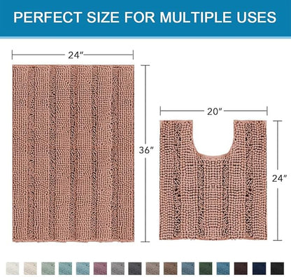 H.VERSAILTEX Bathroom Rugs Bath Rug Set 2 Piece Bathroom Contour Rug Toilet Mat Non Slip Contour Bath Rug Ultra Thick Water Absorbent Striped Bath Mats Washable(36" x 24" Plus 20" x 24" U, Muted Clay)