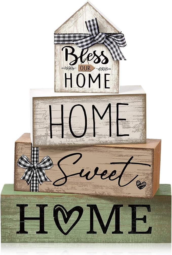 Moucuny 4 Pcs Wooden Farmhouse Table Decor Rustic Home Sweet Home Stacked by Moucuny