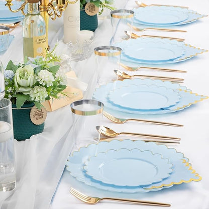 LIYH 210 Pcs Light Blue Plastic Dinnerware Set - Baby Blue Plastic Plates Napkins with Gold Foil Include Bridal Shower Plates Disposable Gold Silverware Napkins Cups for Birthday 30 Guests