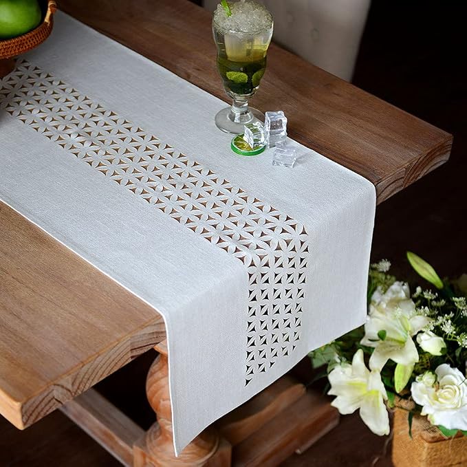 ARTABLE Off White Farmhouse Fabric Table Runner Finished Edge 16 x 104 Inch | - Image 2