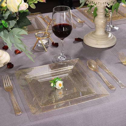 Liacere 60Pieces Gold Glitter Plastic Plates - Premium Square Disposable - Include 30PCS 9.5inch Gold Dinner - 30PCS 7inch Gold Dessert/Salad Plates for Party&Wedding&Christmas