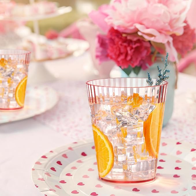 12 PCS Plastic Ribbed Drinking Glasses Pink 10oz Vintage Ripple Stemless Wine - Image 8