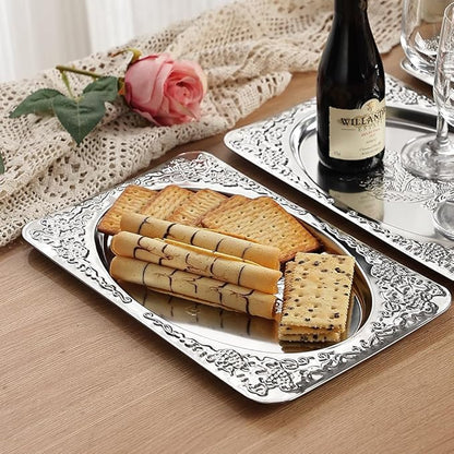 4-Pack Small Silver Serving Trays Set - ZENOVLUX Oval Vintage Engraved Mirror Decorative Tray, 11.4" x 7" Party Platters for Valentine's Day, Food, Appetizer, Charcuterie, Cookies, Desserts