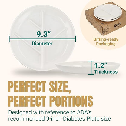 GetTheFad Portion Control Plate (Porcelain) Set of 2, 9.3 Inch Divided Portion Plates for Weight Loss Adults, Divided Dinner Plates for Adults, Healthy plates for adults, My plate for Weight Watchers