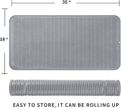 Silicone Dish Drying Mat for Multiple Usage,Easy clean,Eco-friendly,Heat-resistant Silicone Mat for Kitchen Counter or Sink,Refrigerator or Drawer Liner Grey 5XL 36inches x 18inches