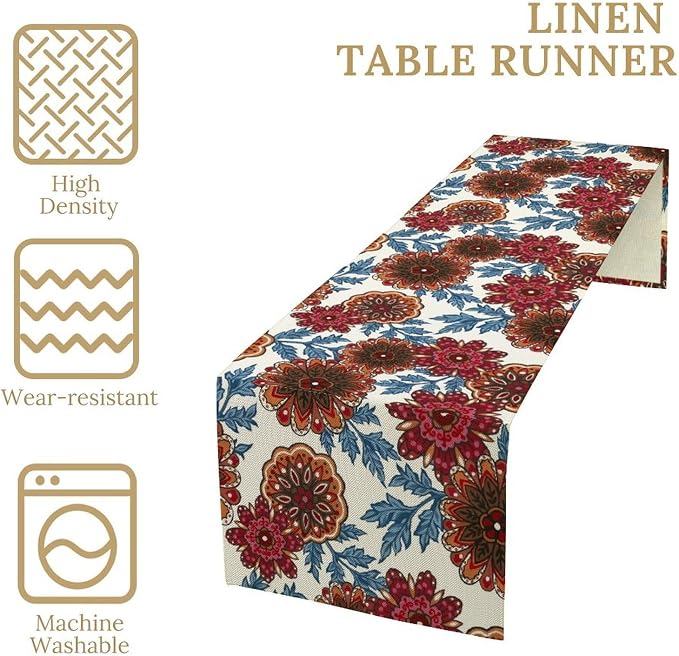 Mandala Flower Table Runner, Vintage Oriental Exotic Native Red Floral Blue - Image 4