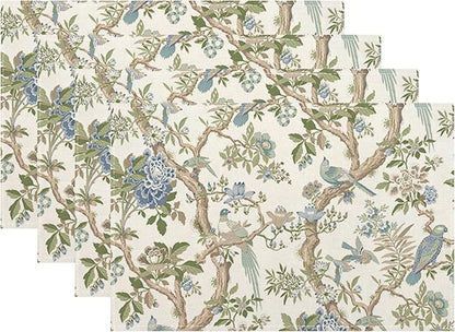 Chinoiserie Floral Place mats Set of 4, 12x18 Inches Green Blue Birds Flower Decorative Placemats Rectangle Floral Table Mats for Party Home Kitchen Dining Table Decoration