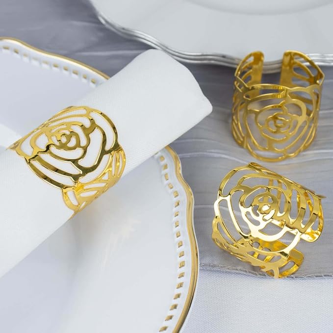 Efavormart 4 Pack | Shiny Gold Laser Cut Rose Metal Cuff Napkin Rings, - Image 8