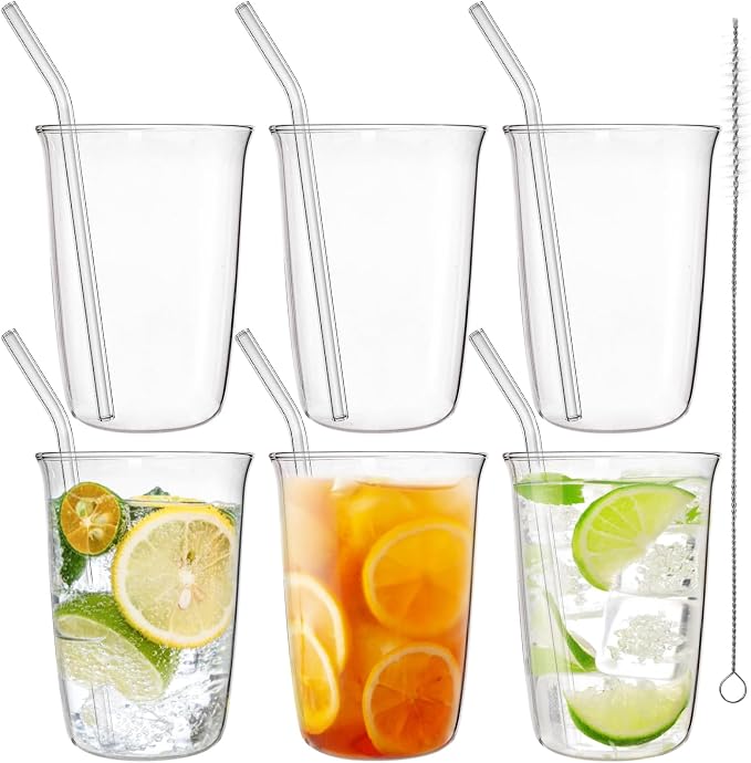 6 Pieces Drinking Glasses with Straw, 16 Oz Clear Water Glass Set | Lead-free by Nagpew