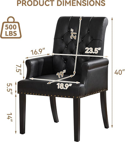 PU Leather Dining Chair with Arms, Upholstered Tufted High Back Dining Room Chairs, Accent Armchair with Solid Wood Leg and Nailhead Trim, Kitchen Dining Living Room, Black