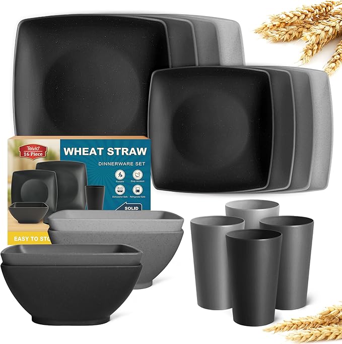 Teivio 16-piece Plastic Wheat Straw Square Dinnerware Set by Teivio