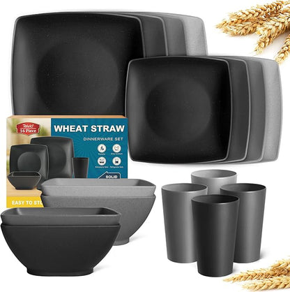 Teivio 16-piece Plastic Wheat Straw Square Dinnerware Set by Teivio
