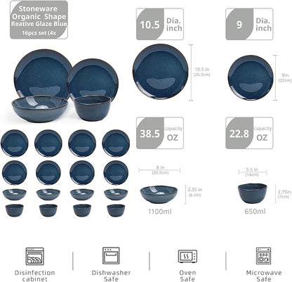 Highland 16pc Dinnerware Set, Unique Organic Shape Double Bowl, Stoneware Plate - Image 2