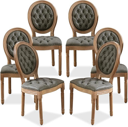 SoarFlash French Dining Chairs Set of 6, Vantage Dining Chair with Round Back, Farmhouse Country PU Leather Dining Chair for Kitchen,Bedroom,Green