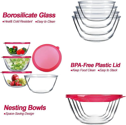 KOMUEE Glass Mixing Bowls with Lids Set, 4-Piece Nesting Kitchen Bowls for Salad, Serving, and Baking, Oven Safe Glass Bowl