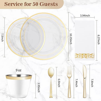BESTVIP 350PCS Clear Gold Disposable Dinnerware Set for 50 Guests, Plastic Plates for Party, Wedding, Christmas, Include: 100 Plastic Plates, 50 Gold Silverware, 50 Cups, 50 Napkins