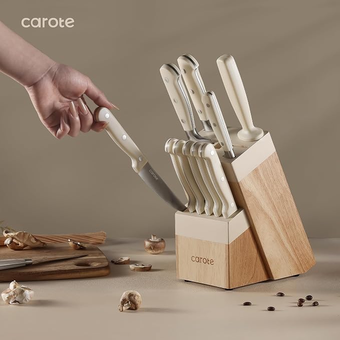 CAROTE 14-Piece Knife Set with Wood Block, Rust-Resistant, Cream | Razor-Sharp - Image 6