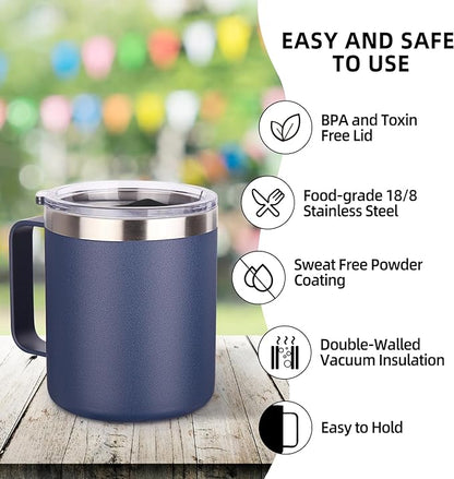 Volhoply 14oz Insulated Stainless Steel Coffee Mug with Lid Bulk 2 Pack,Double Wall Vacuum Travel Coffee Cup with Handle,Reusable Metal Cups Tumbler,Camping Mugs Keep Hot,Ideal Gifts(Navy,2)