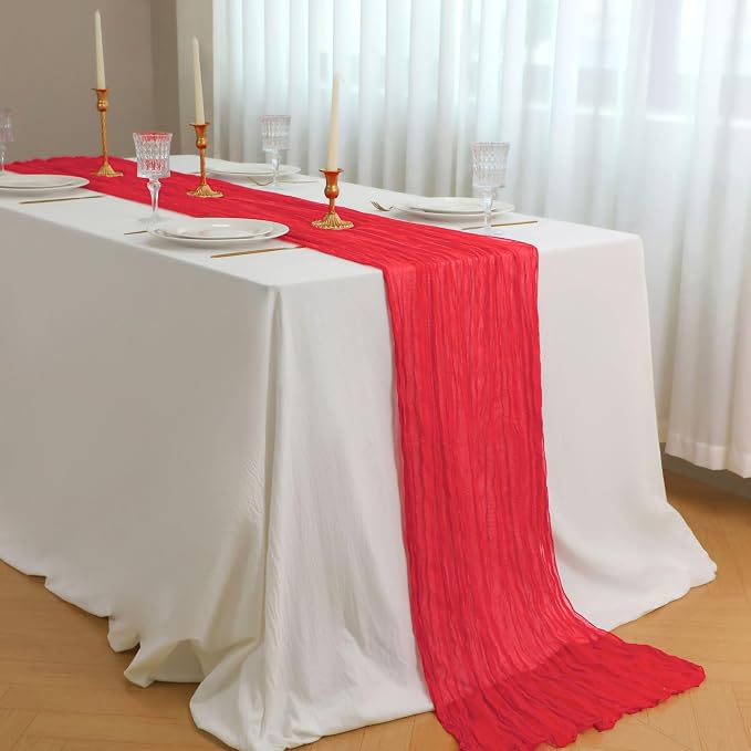 Snowkingdom 10 Ft Red Valentine's Day Cheesecloth Table Runner, 120 inch Long - Image 7