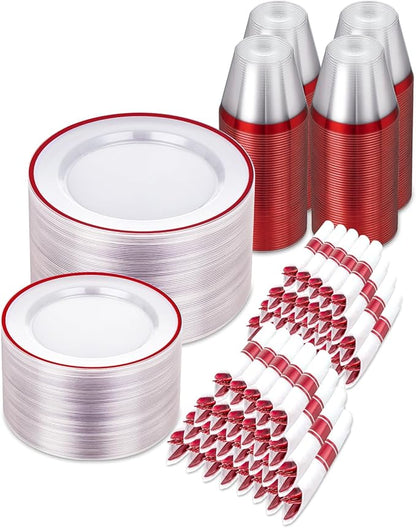 700PCS Clear Red Disposable Plastic Dinnerware Set for 100 Guests, 200 Plastic Plates, 100 Cups, 100 Pre-Rolled Napkins with Cutlery for Party, Christmas, Birthday, Wedding, Thanksgiving, Halloween