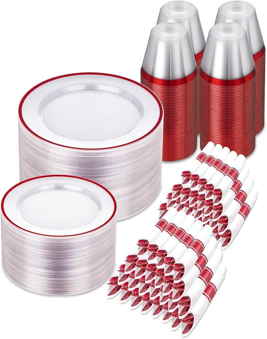 700PCS Clear Red Disposable Plastic Dinnerware Set for 100 Guests, 200 Plastic Plates, 100 Cups, 100 Pre-Rolled Napkins with Cutlery for Party, Christmas, Birthday, Wedding, Thanksgiving, Halloween