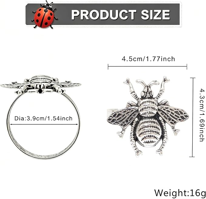 Bee Napkin Rings Set of 12 Antique Silver Metal Bumblebee Napkin Holders - Image 3