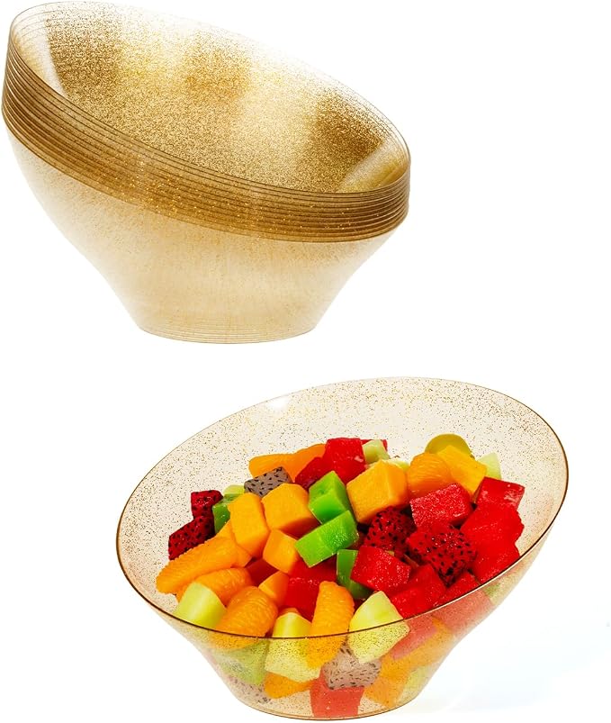 BESTVIP 20 Oz Clear with Gold Glitter Plastic Angled Serving Bowls, 12 Pack | by Bestvip
