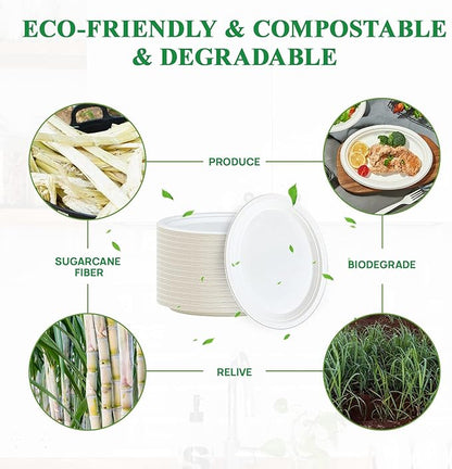 Vplus 100% Compostable Oval Paper Plates 10 inch 125 Pack Super Strong Disposable Paper Plates Bagasse Natural Biodegradable Eco-Friendly Sugarcane for BBQ, Party, Gathering, and Picnic
