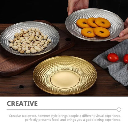 BESPORTBLE Creative Hammer Textured Stainless Steel Fruit Serving Tray Round Dinner Plate for Outdoor Camping and Indoor Use, Vintage Gold Diamond Pattern