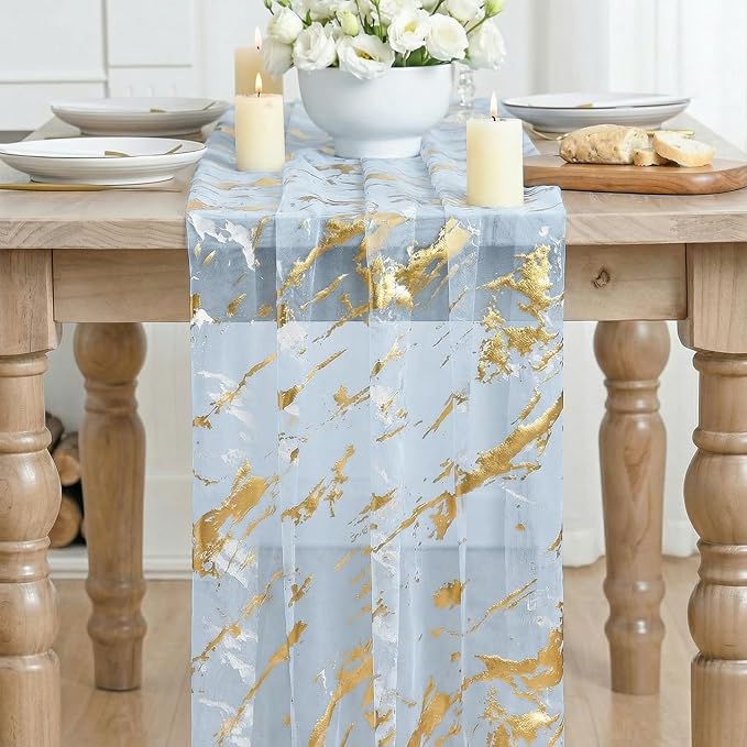 Artoid Mode Marble Pattern Light Blue Gauze Table Runner 10FT, Glitter Metallic - Image 2