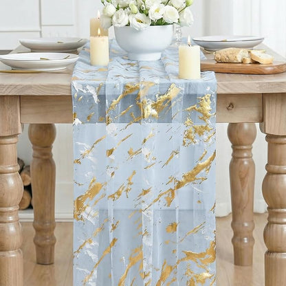 Artoid Mode Marble Pattern Light Blue Gauze Table Runner 10FT, Glitter Metallic - Image 2