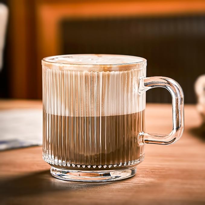 Glass Coffee Mugs 6 Pack - 12 OZ Premium Coffee Cups - Classic Vertical Stripes - Image 4