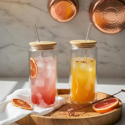 4 Pack Glass Cups with Lids and Straws 16 oz Double Wall Glass Tumbler - Image 7