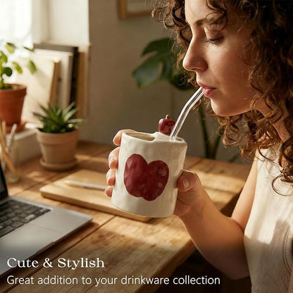 Ceramic Travel Mug with Half Lid, Apple Design Handmade Pottery Coffee Cup 12oz - Image 8