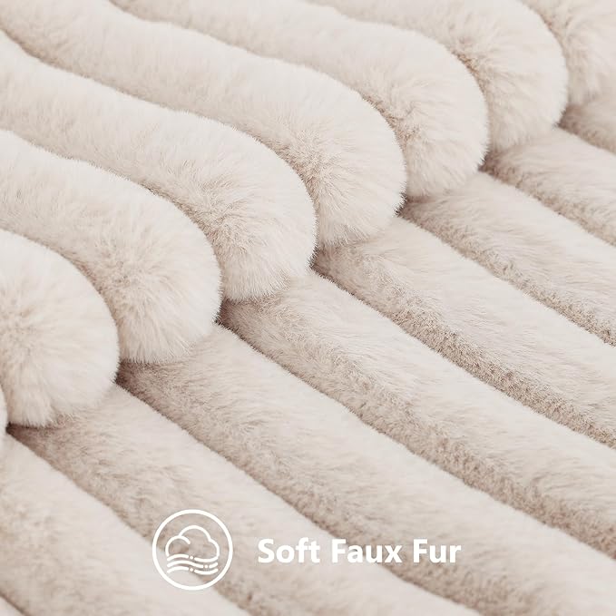 decorUhome Cozy Faux Fur Throw Pillow Covers 24x24 Set of 2 Decorative Soft Plush Striped Modern Farmhouse Boho Couch Euro Sham Pillow Cases with Velvet Back for Sofa Bed Living Room, Beige
