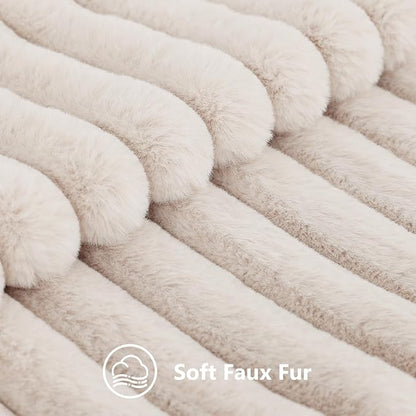 decorUhome Cozy Faux Fur Throw Pillow Covers 24x24 Set of 2 Decorative Soft Plush Striped Modern Farmhouse Boho Couch Euro Sham Pillow Cases with Velvet Back for Sofa Bed Living Room, Beige